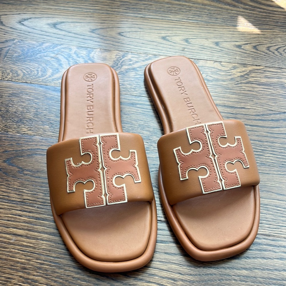 Tory Burch Double T Sport Slide 8.5 brown tan leather gold Bourbon Miele NWOT